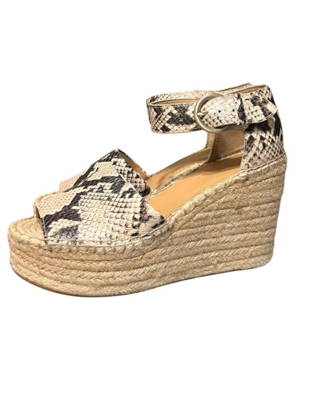 Marc Fisher Mlalida Espadrille Wedge Sandals 10 Snakeskin Leather Peep Toe EUC